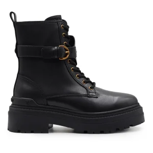 Anfibi Donna Pinko Nero Pelle Cinturino Logato Design Grintoso